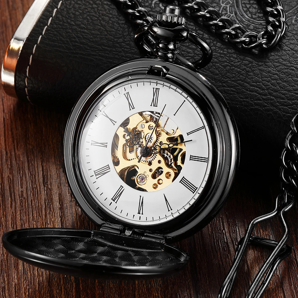 black/gold Gold Carving Hollow Mechanical Self Wind Pocket Watch Roman Numerals Skeleton Dial Fob Time Unisex