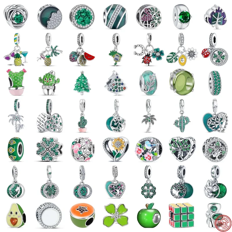 

925 Sterling Silver Green Apple Tree Clover Cactus Delicate Beads Fit Original Pandora Charms Bracelet Bangles DIY Women Jewelry