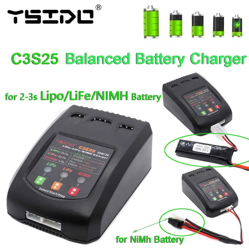 C3S25 25W/3A Mini Charging Balance Charger EU/US Plug for RC 7.4V-11.1V 2-3s Lipo NiMh Battery Remote Control toy Car Charger