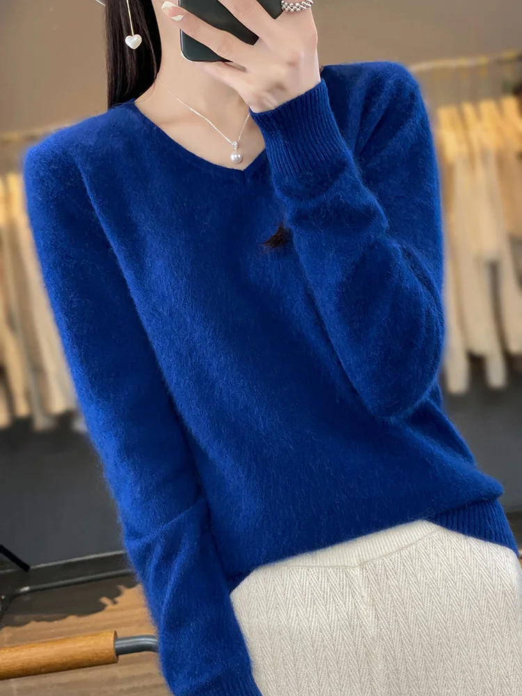 Women's 100% Mink Cashmere Sweater V-Neck Pullover Autumn Winter Long Sleeve Cashmere Knitwear Korean Popular Female Clothes