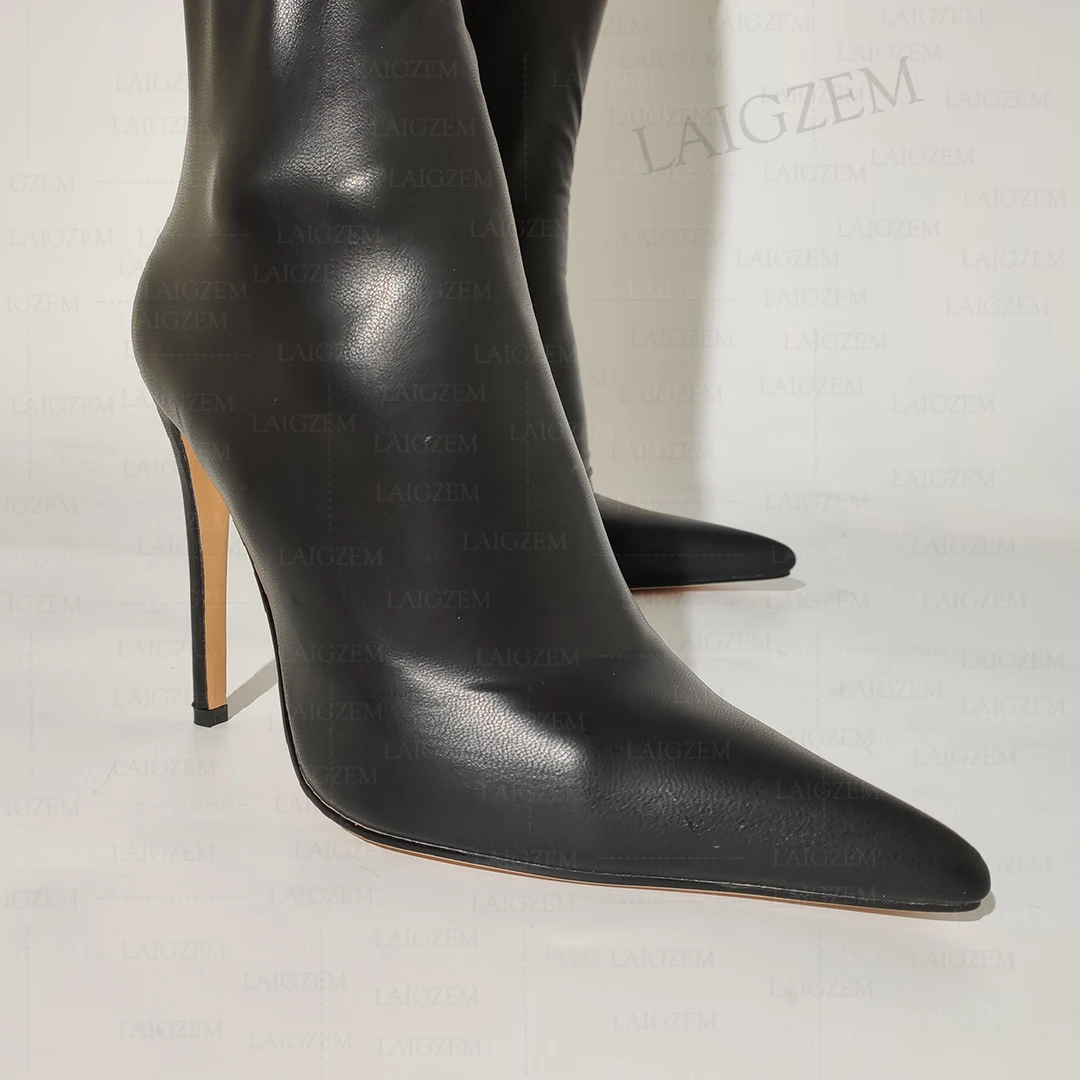 LAIGZEM Women Thigh High Boots Pointed Toe Elastic Pull On Thin High Heeled Boots Handmade Shoes Woman Plus Size 38 41 43 45 46