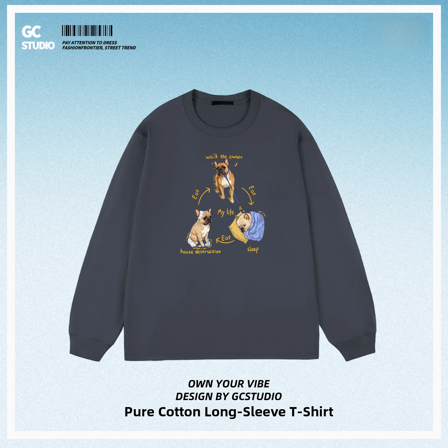 Loose Fit Long Sleeve Pure Cotton T-Shirt for Men And Women Casual Comfortable Breathable Dog Walking Sleeping Print Tee