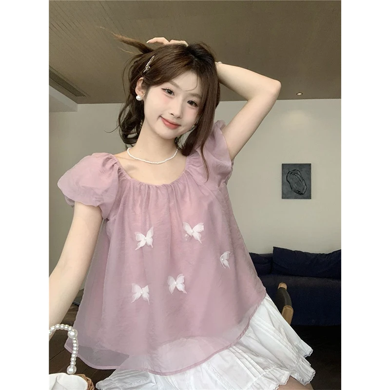 Women Summer Fashion Sweet Loose Printing Butterfly O-neck Short Sleeve Shirts Women Clothes Casual All-match Appear Thin Tops