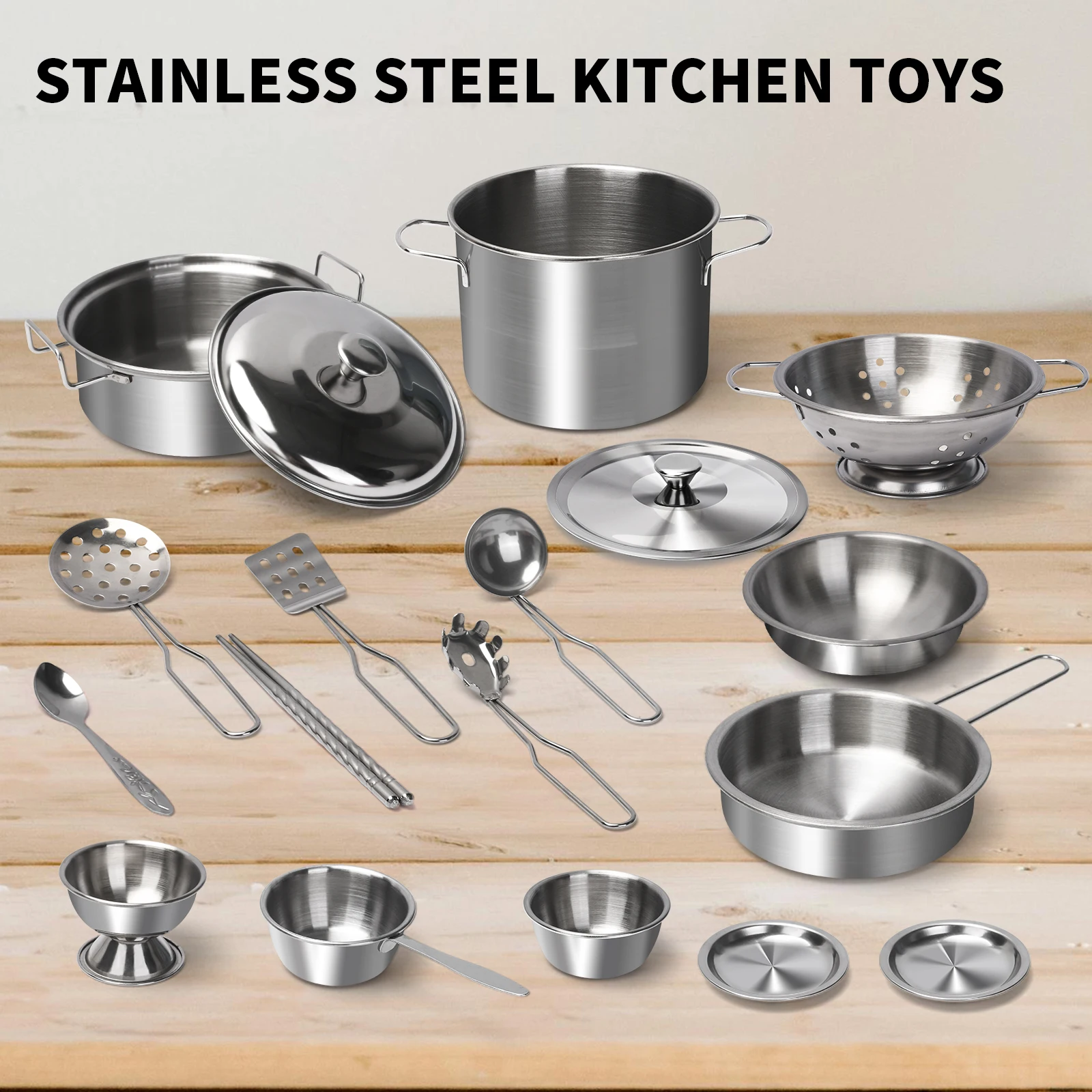 Zestaw zabawek kuchennych dla dzieci ze stali nierdzewnej z prawdziwymi metalowymi przyborami kuchennymi, garnkami i patelniami - akcesoria do zabawy w udawanie dla dzieci