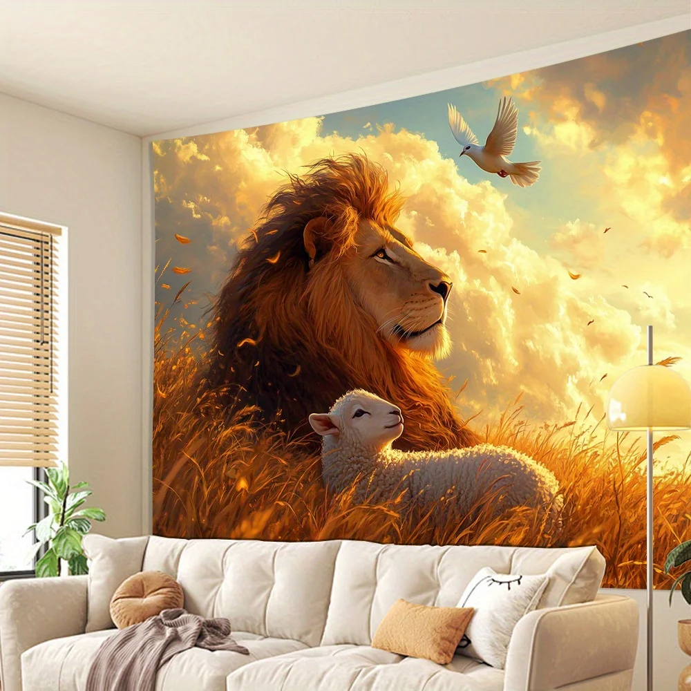 Gorgeous Style 3D Lion and Lamb Wall Tapestry - Polyester Decorative Hanging Plaque for Living Room, Office, Party Decoration