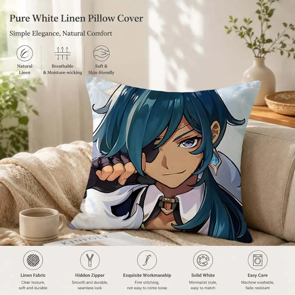 Kaeya Genshin Game Cushion Cover 1/4PCS Linen Sofa Couch Bedroom Living Room Home Office Decor Pillow Case