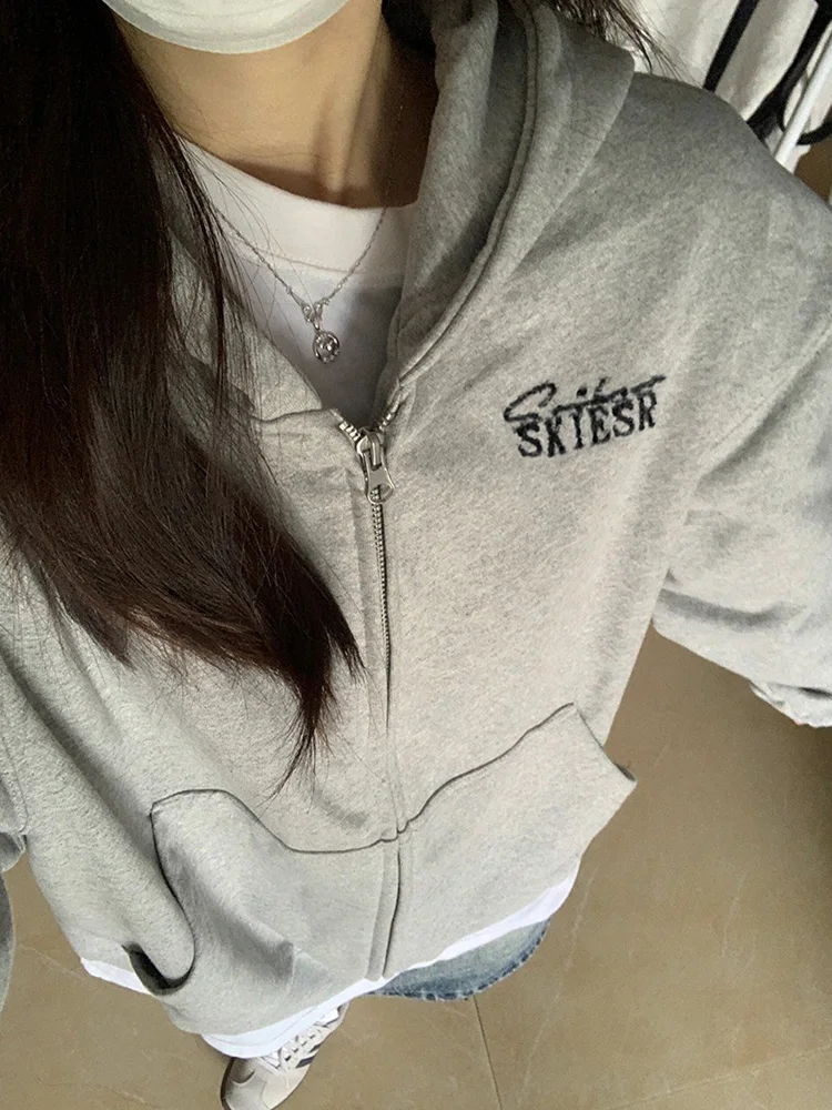 미국식 후드 지퍼 스웨트셔츠 여성용 봄 가을 겨울 루즈 디자인 아우터웨어 패션 레트로 스타일 긴 소매