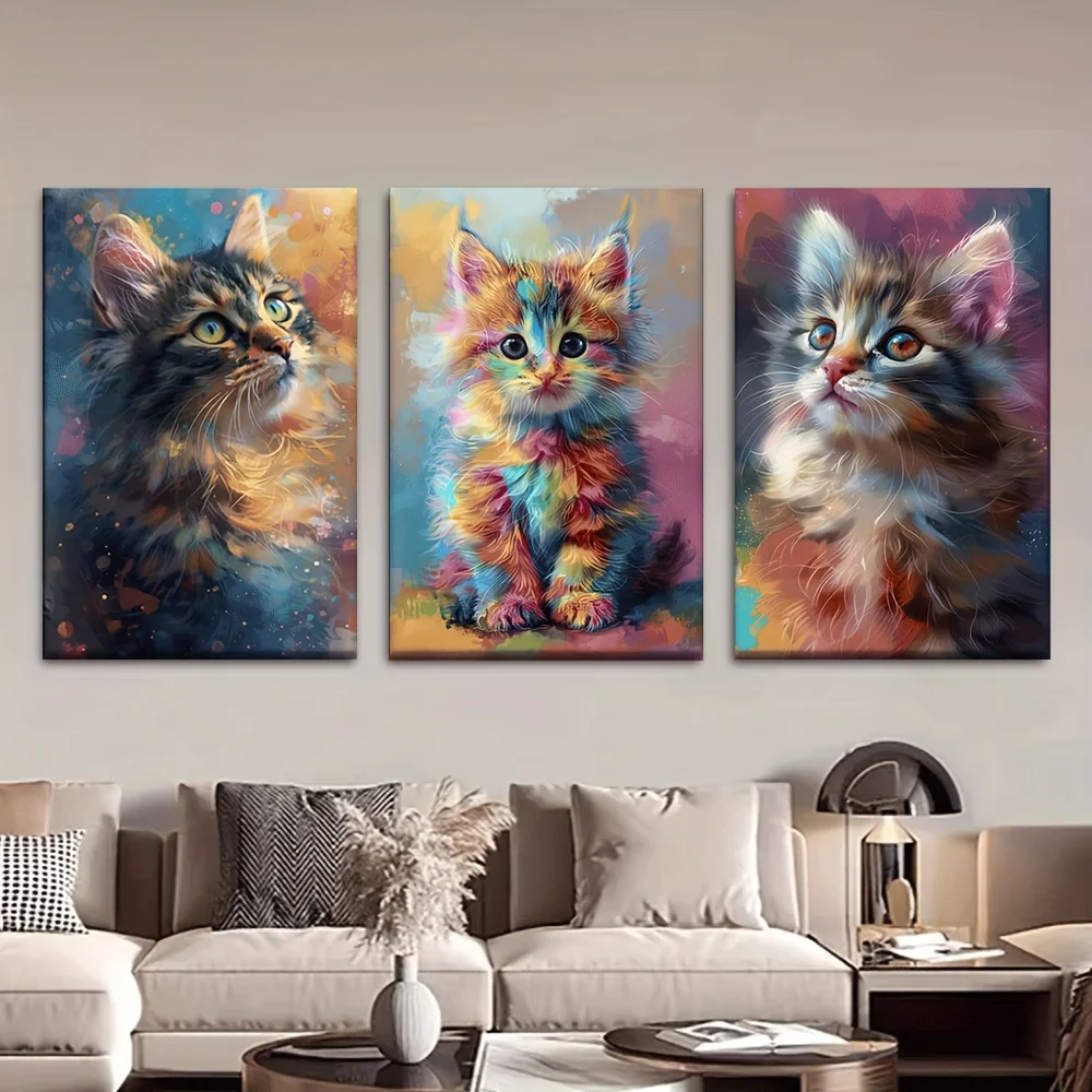 Set of Three  Artworks Featuring Colorful Cats, Printed on Canvas Without Frames. Suitable for Living Rooms, Studies, Offices