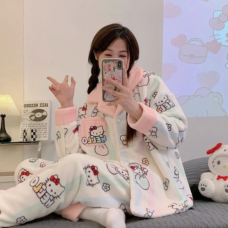 

Hello Kitty Pochacco Women Pajama Cute Set Flannel Pajamas Soft Sweet Cute Thicken Winter Tops Pants Warm Home Suit Set Gift