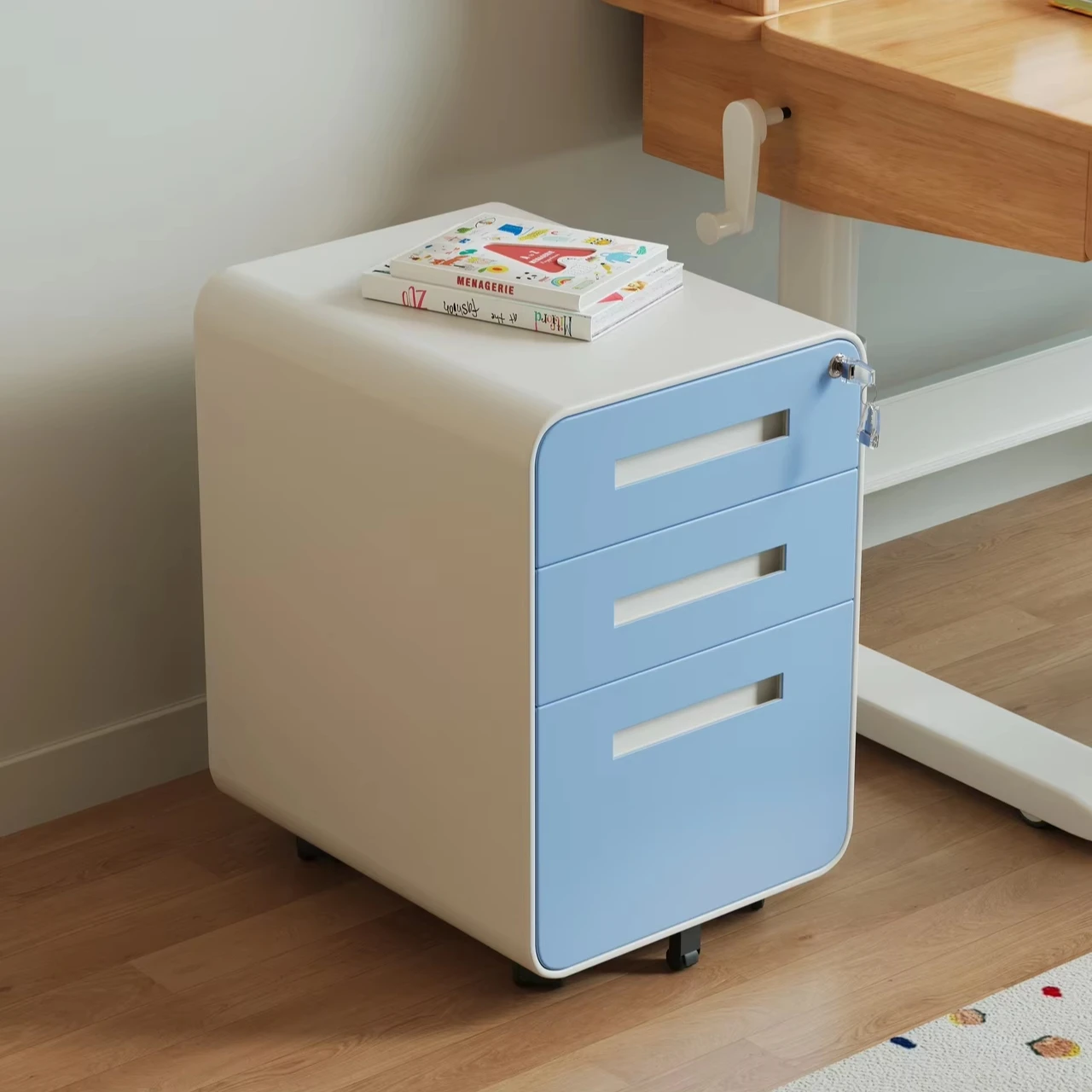 

￥%Modern Simple Kids' 3-Drawer Mobile Cabinet with Lock, Home & Office Rolling Storage Cabinet, Drawer Pedestal with Wheels