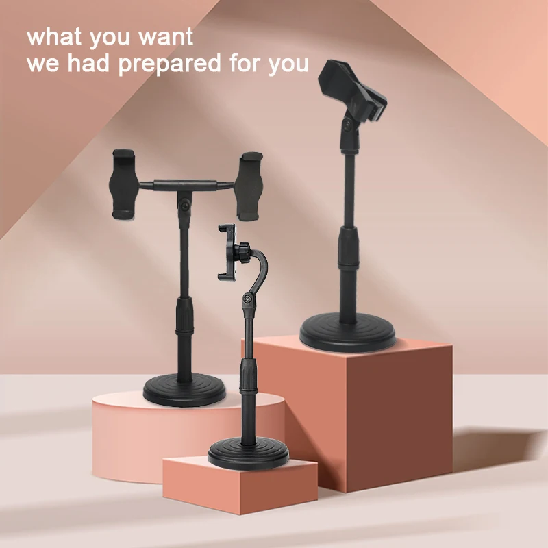 FREEBOSS البث المباشر حامل هاتف قاعدة مستديرة قابل للتعديل زاوية الارتفاع دعامة هاتف محمول مع 2 كليب ميكروفون حامل KT-22A