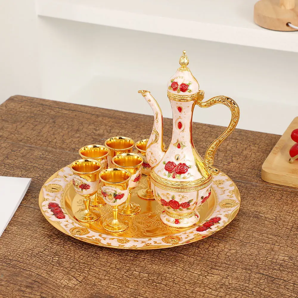 8 in 1 European Style Luxury Quanlity Zinc Alloy Home Decor Ornaments Rose Wine Set ，One Pot One Plate and 6 Cups Set