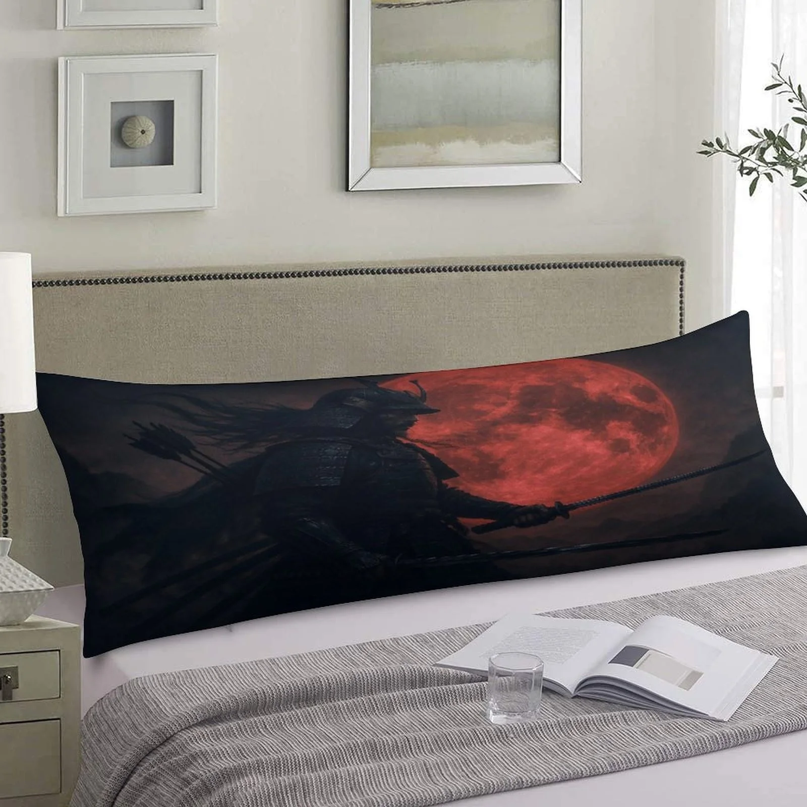 Samurai Moonlight Theme Pillowcase, Fashionable Trendy Long Plush Velvet Pillow Cover, Soft Comfortable Decorative Double-Sided