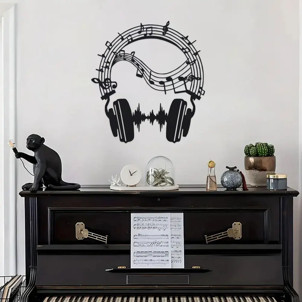 سماعات رأس أنيقة معدنية جدارية - تصميم Soundwave، ديكور استوديو الموسيقى الورقية، جدارية حديدية داخلية/خارجية للمنزل والفناء