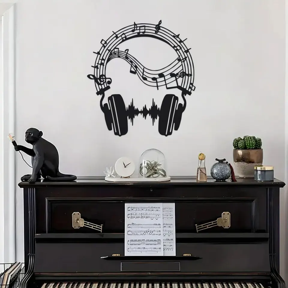 Elegant Headphones Metal Wall Art - Soundwave Design, Sheet Music