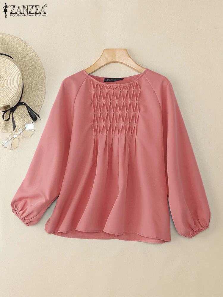 

Женские элегантные топы с круглым вырезом и длинными рукавами, повседневная рабочая рубашка, 2025 ZANZEA, мусульманские блузки, Турция, Абая, кафтан, хиджаб, исламская одежда