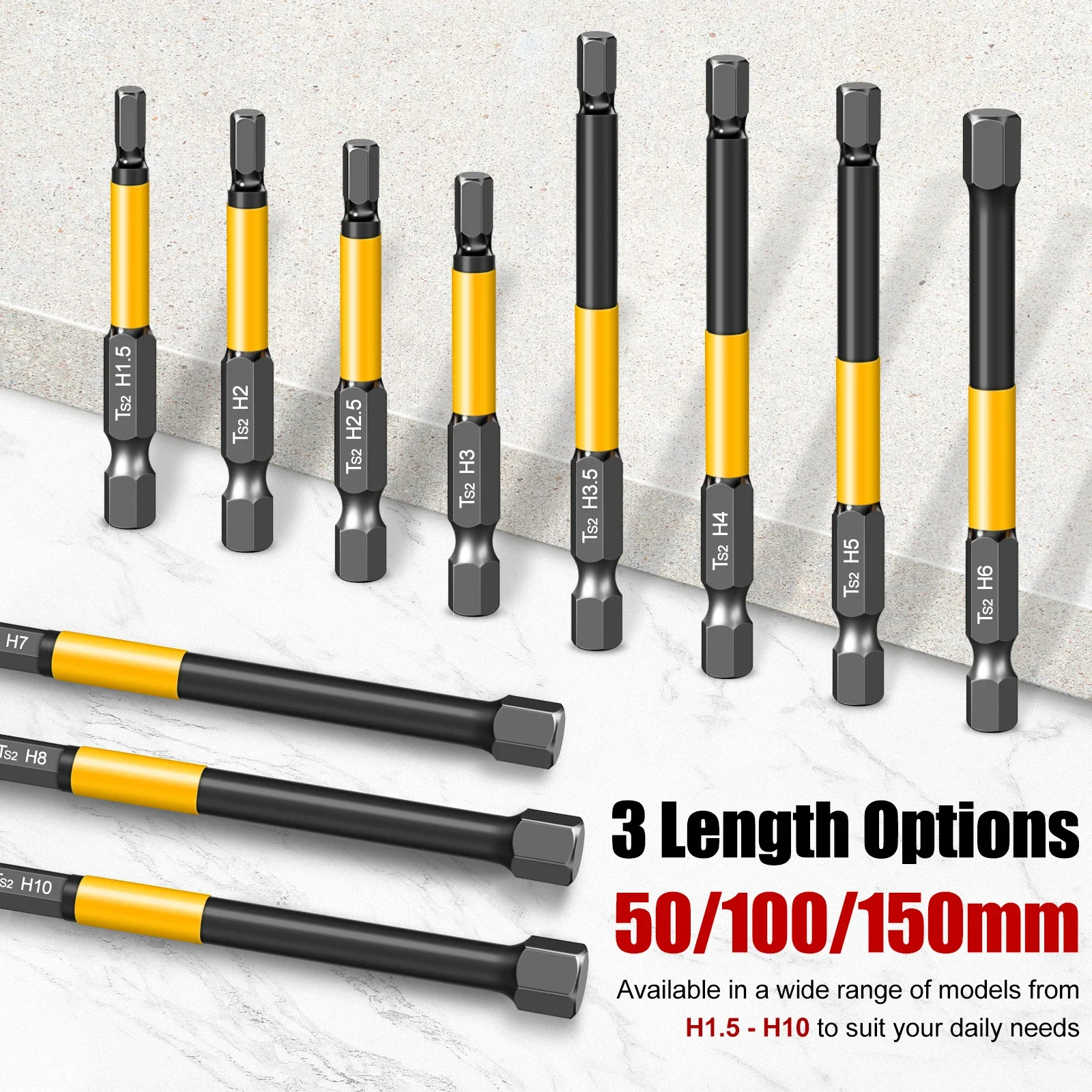 Hex Screwdriver Bits Set Allen Wrench Magnetic Tip 50/100/150mm H1.5-H10 Metric Hex Head Key Electric Impact Wrench Repair Tool