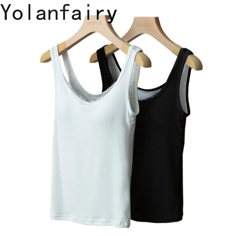 YOLANFAIRY Fashion Cami Top Woman Clothes Camisole High Quality Womens Tops Sexy Solid Lace Trim Vest with Breathable Chest Pads