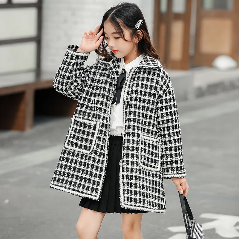 

Girls Winter Coat Long Padding Woolen Coat Black White Plaid Children Top Medium Length Trench Outerwear Kids Padding Luxury