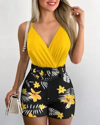 Fashion Summer Women's Two-piece Suit Sexy Slim Short Top Shorts Printing Casual Suspenders Package Hips 2 Piece Set Outfits