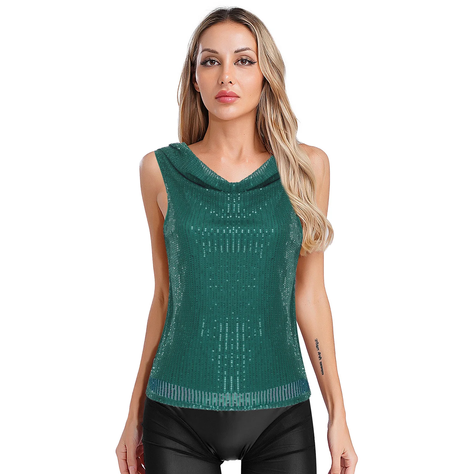 

Fashion Women Glitter Sequin Tank Top Summer Cowl Neck Sleeveless Pullover Vest Loose T-shirt Tops for Club Festival Party