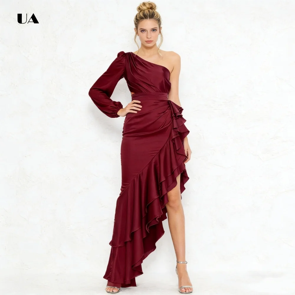 فستان حفلة موسيقية مكشكش غير متماثل مع كتف واحد، فستان سهرة ثنيات من الساتان الصلب، فستان حفلة مخصص