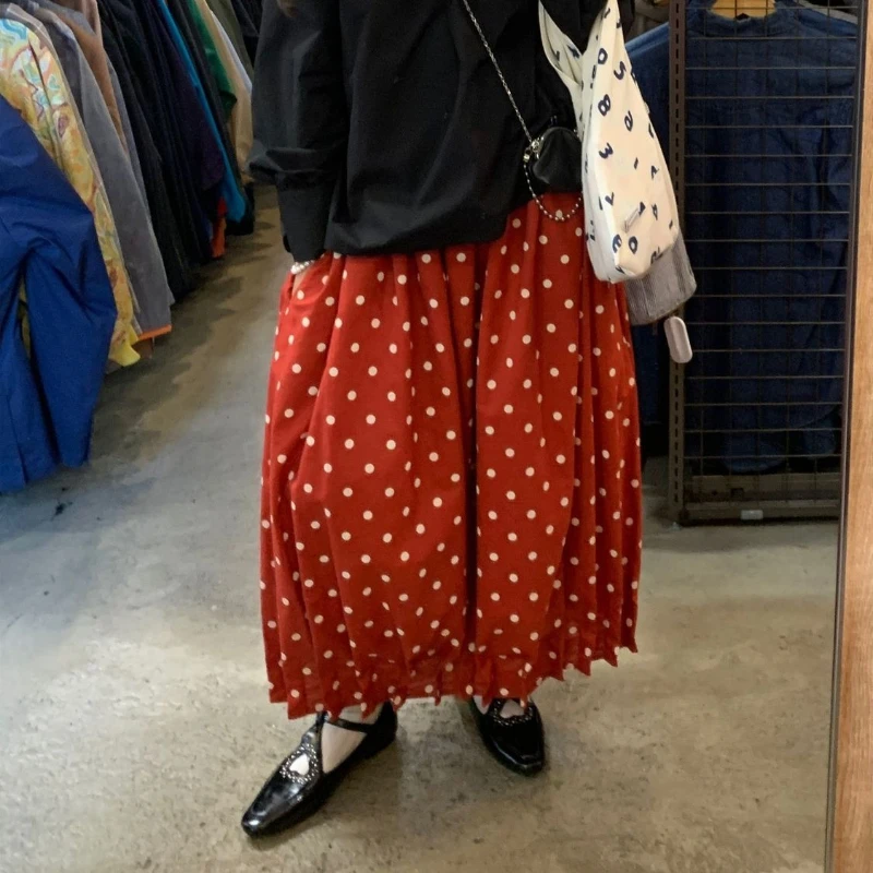 

Японские винтажные красные длинные юбки в горошек в стиле каваи, женские осенние свободные юбки макси с эластичной резинкой на талии и оборками для женщин
