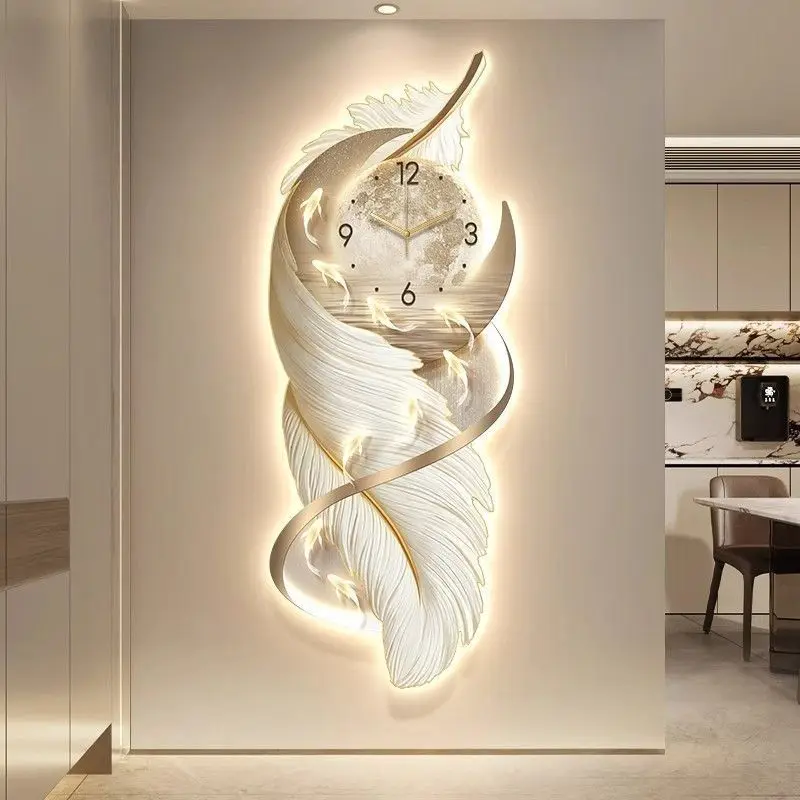 Modern luxury wall lamp painting with clock high-end feathers decor corridor hanging nine fish map entry clocks wall home decor
