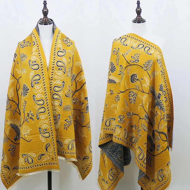 Poncho Cloak Jacquard Weave Scarf Imitation Cashmere Women Shawl Ethnic Style Tourism Cloak Warm Girl Coat Lady Capes Khaki