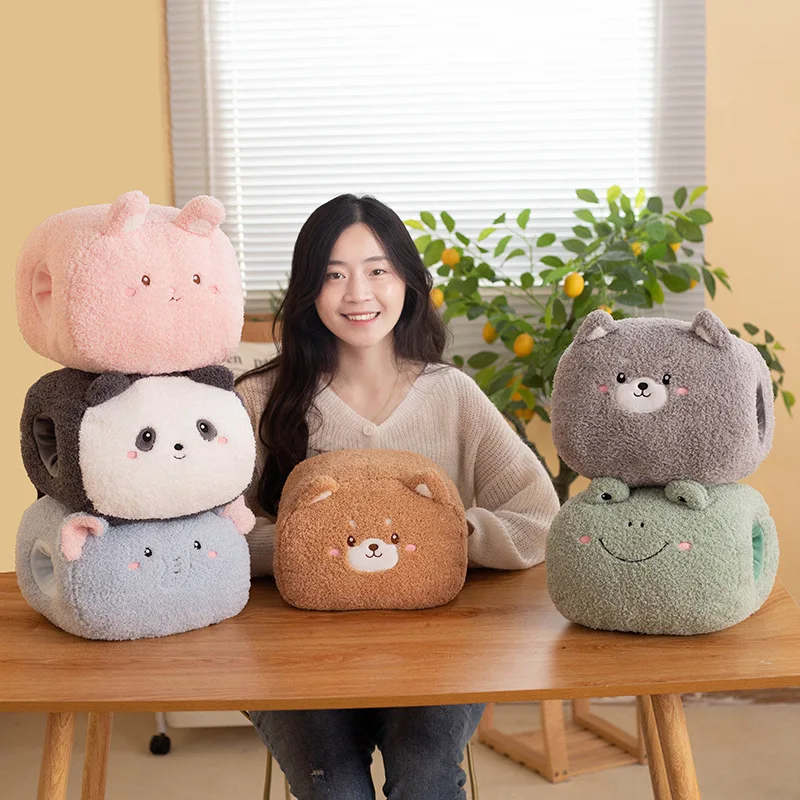 

25CM Animal 3D Nap Pillow Cute Elephant/Frog/Panda/Rabbit/Shiba Dog/Erha Warm Hand Cover Winter Office Warm Dual Use