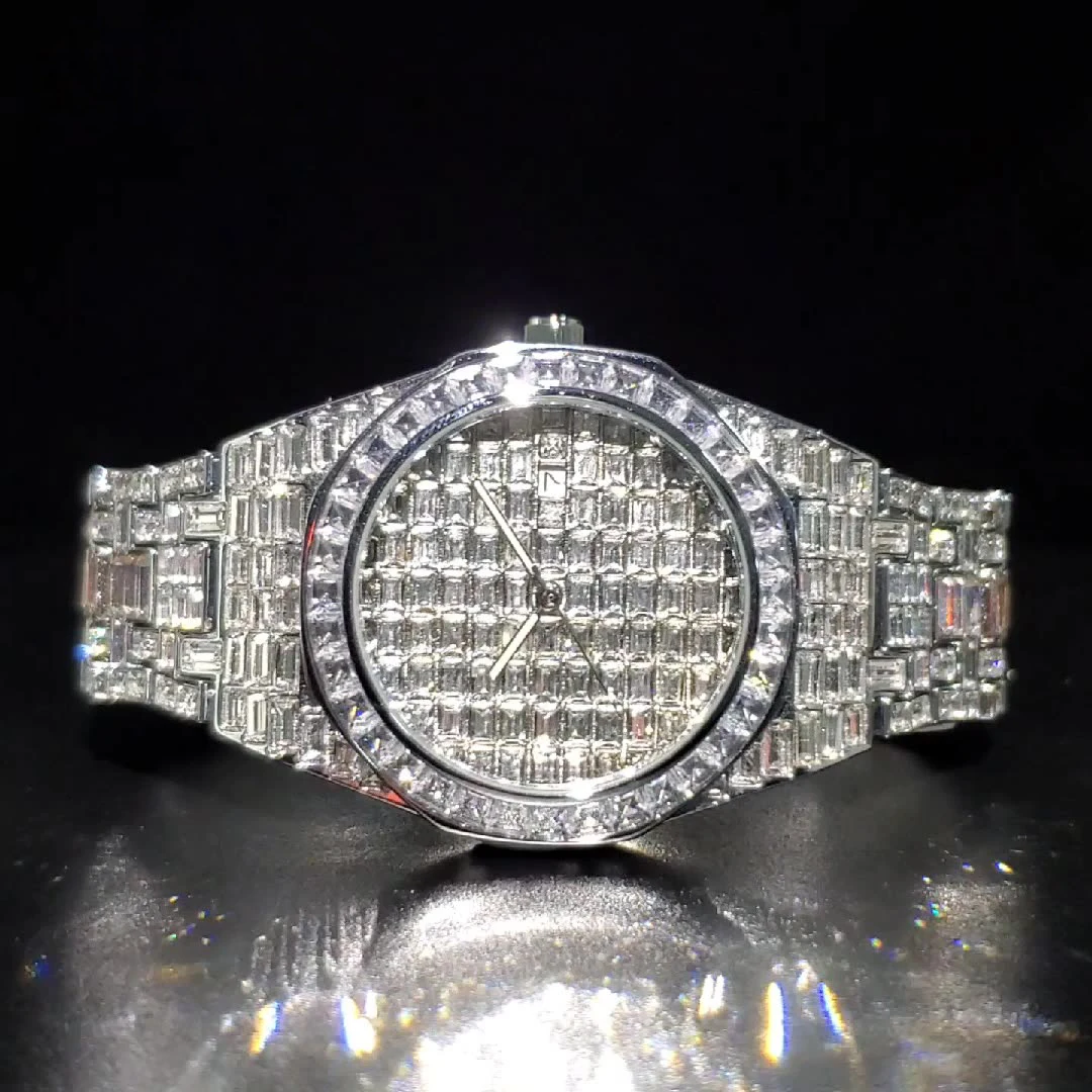 Jam Tangan Quartz Batu Mewah untuk Pria Wanita Hip Hop Warna Emas dengan Tanggal, Tahan Air, dan Bercahaya, Jam Tangan Fashion
