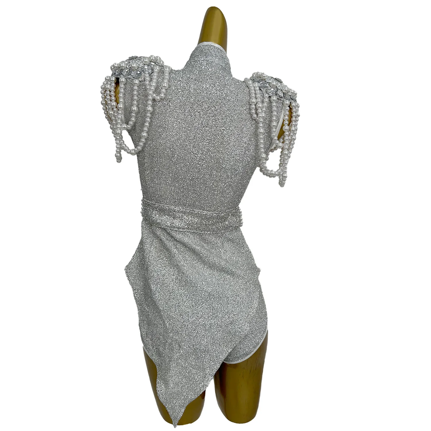 Silver Pearl Rhinestone Shoulder Pad Party Dance Show Wear Club Stage Performance Bodysuit Fringe Tassels Outfit Shuangbanpian