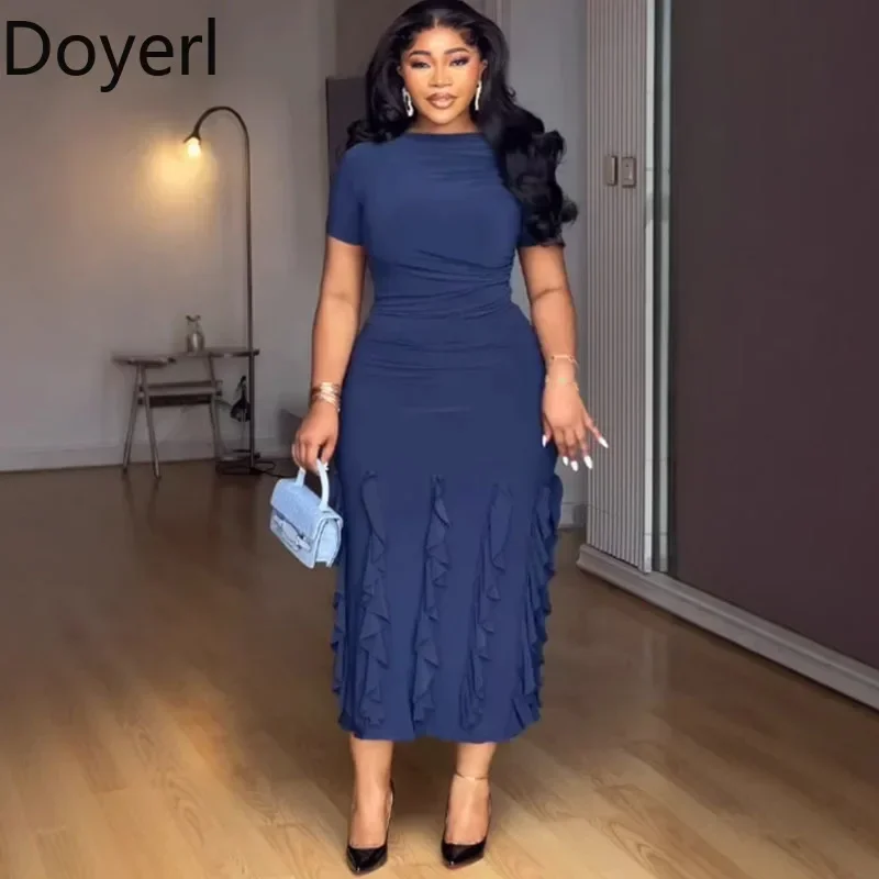 Doyerl الصلبة أنيقة Bodycon فستان ماكسي امرأة ملابس الصيف قصيرة الأكمام س الرقبة غمد بسط الكشكشة فساتين الحفلات الطويلة رداء