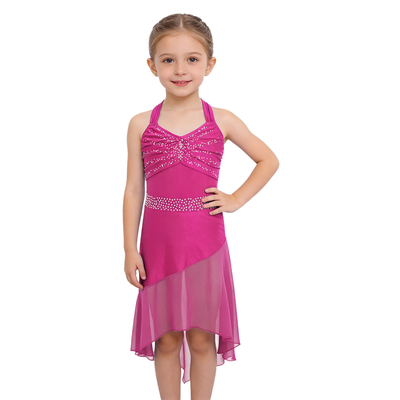 Kids Girls Ruched Ballet Lyrical Dancing Dress Sleeveless Shiny Rhinestone Cross Back Dress for Latin Performance Competition
