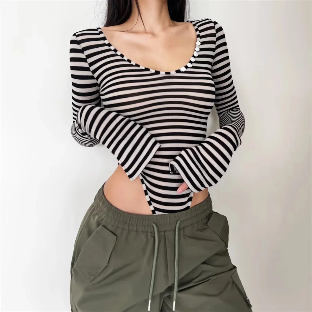 

Sexy Striped Long Sve Onesie for Women Early Autumn High Waist Street Sle Pure Desire Button Slim Fit V-Ne walk