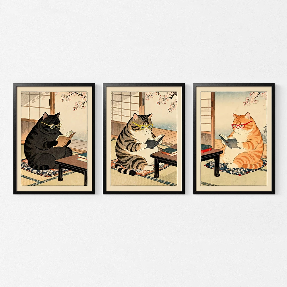 Funny Cat Reading Print Ukiyo-E Style Bathroom Poster Japanese Art Book Lover Cat Illustration Canvas Painting Reading Wall Art