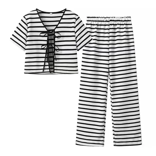 New Woman Fashion 2 Piece Set Striped Knit Lace Up Bow Short Sleeve Tops Women Summer Street Casual Elastic Waist Pants Suit