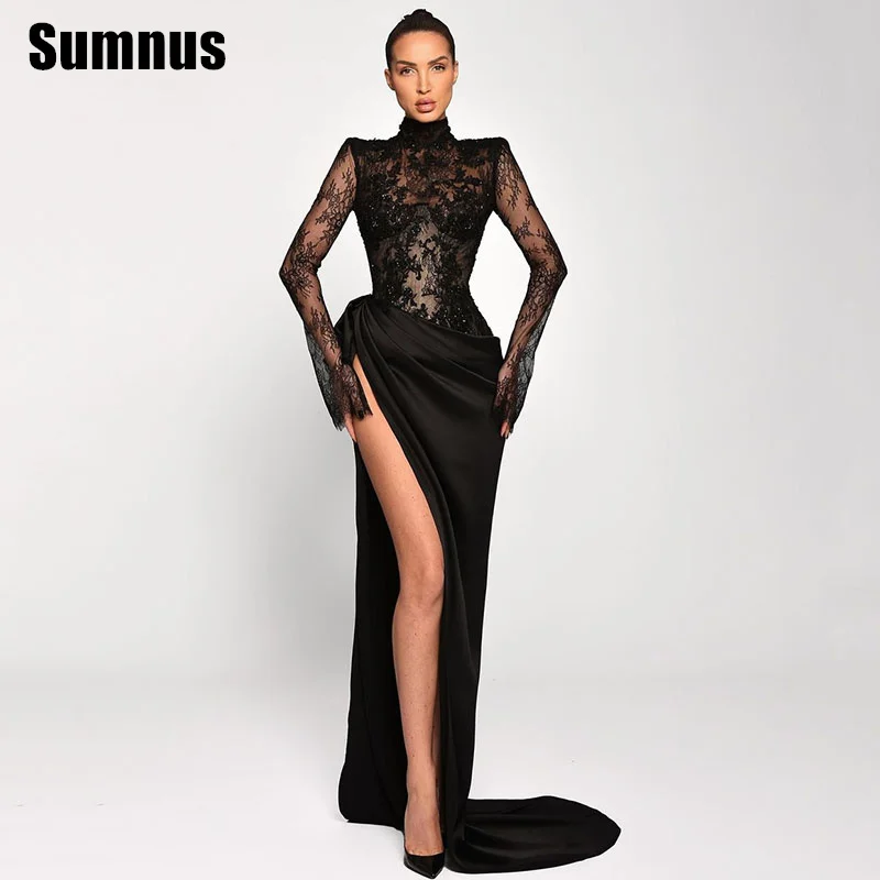 Sumnus Black Lace Mermaid Prom Dresses Elegant Long Sleeves Sexy Evening Dress Floor Length Side Split Formal Gowns Customized