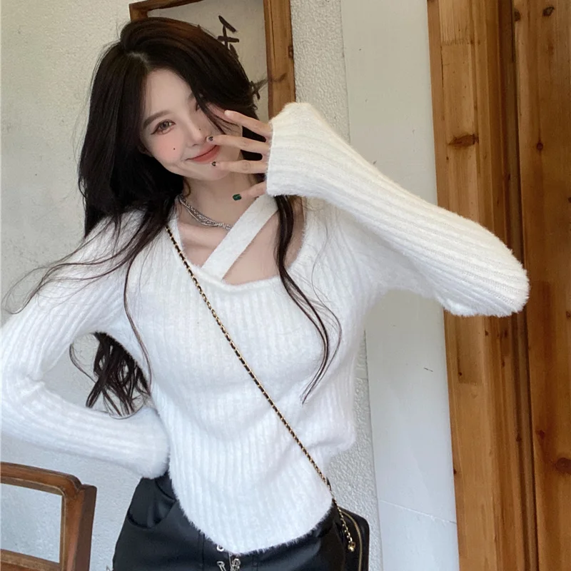 Imitation Mink Fur Soft and Sticky Knitted Base Sweater Women's Sweater Pure Desire Shoulder Exposed Short Long Sleeved Top