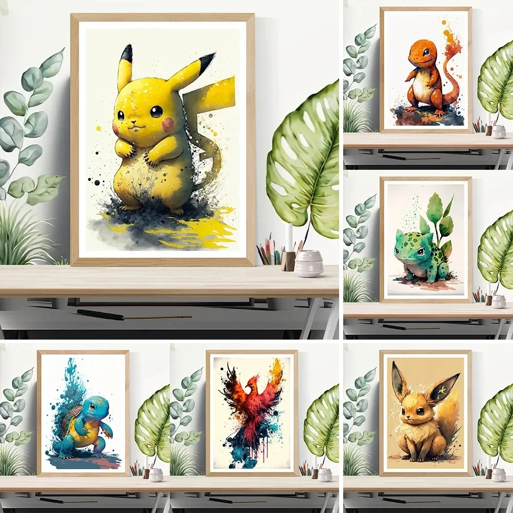 

Japanese Anime Peripheral Pokemon Poster Decor Pikachu Charizard Wall Art Watercolor Canvas Painting Modern Room Decor Picture