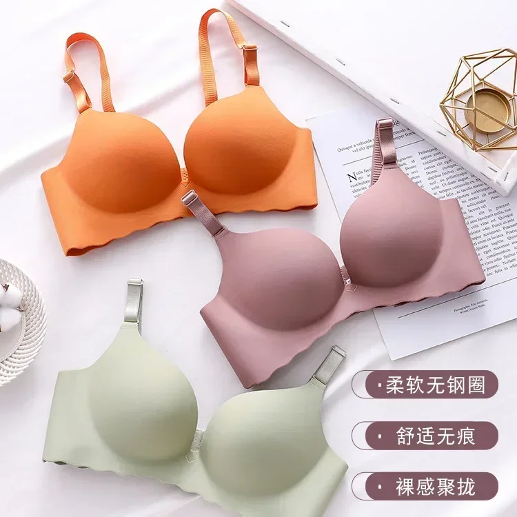 Seamless Bra Candy Color Wireless One-Piece Sexy Underwear Gather Push Up Brassiere Traceless Bralette with Panties Lingerie Set