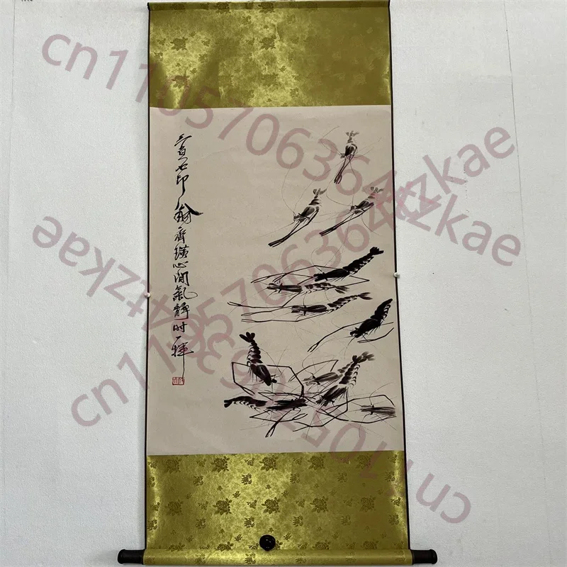 china-old-scroll-wall-hanging-rice-paper-watercolor-ink-paintingqi-baishi's-ink-shrimp-painting