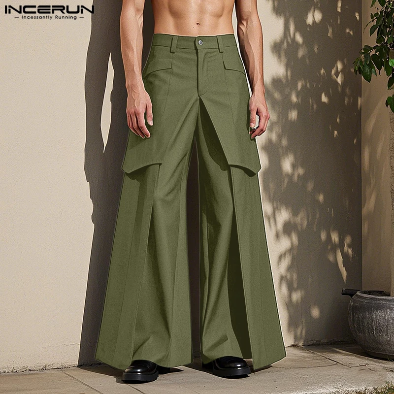 INCERUN American Style Pantalons New Men's Deconstruction Design Fake Two-piece Pant Leisure Streetwear Solid Wide Leg Trousers