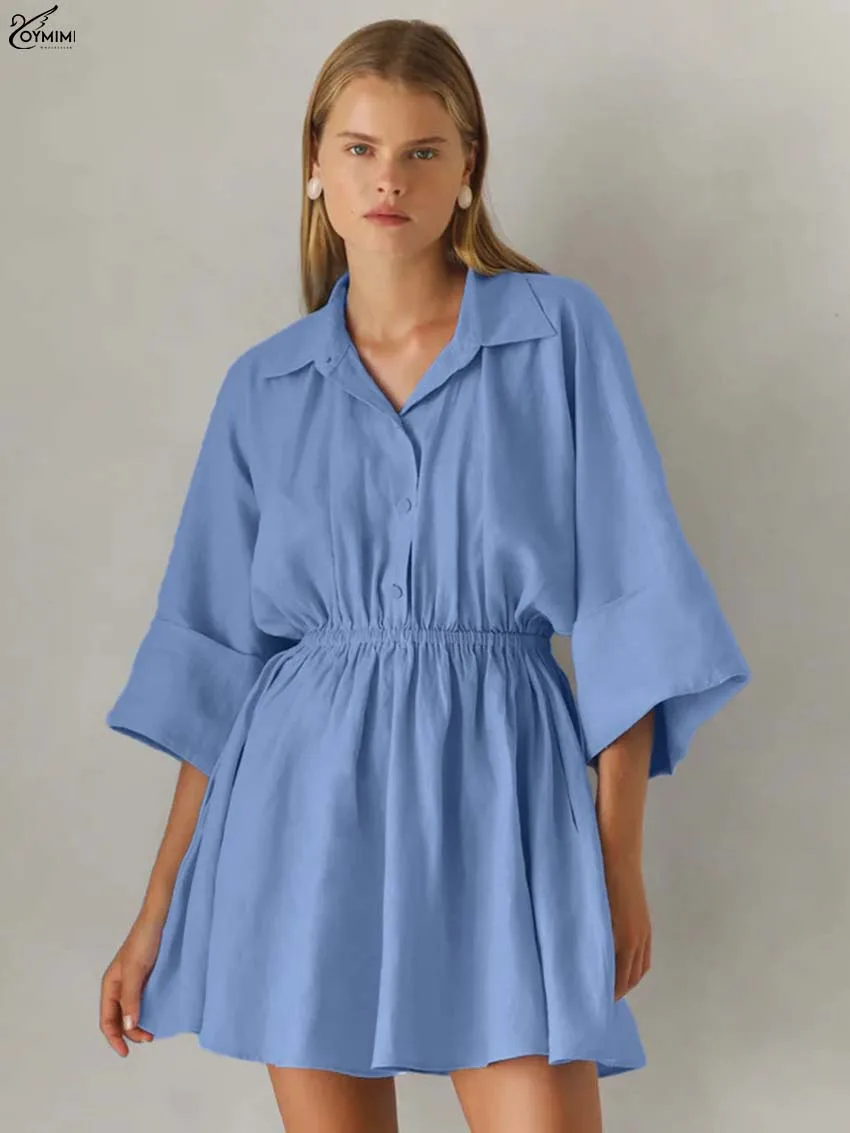 

Oymimi Fashion Blue Cotton Women's Dress Elegant Lapel Three Quarter Sleeve Button Dresses Autumn High Waist Pleated Mini Dress