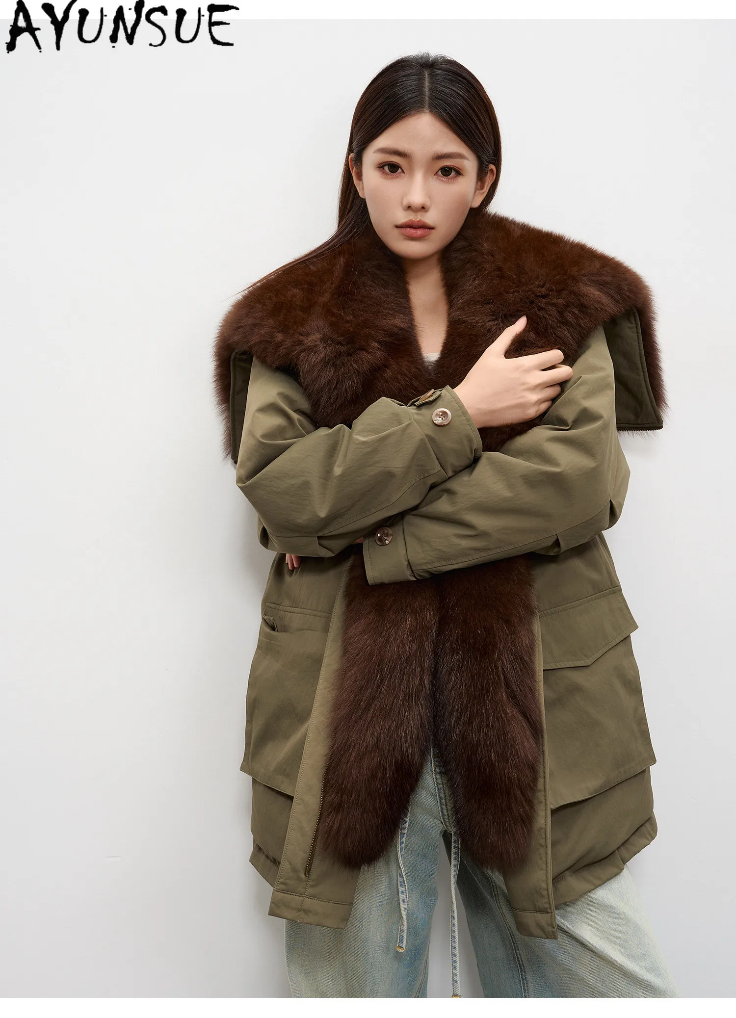 AYUNSUE 90% White Goose Down Coat Womens Winter Clothes Oversized Fox Fur Collar Mid Length Parka Female Loose Fit Clothing 2026