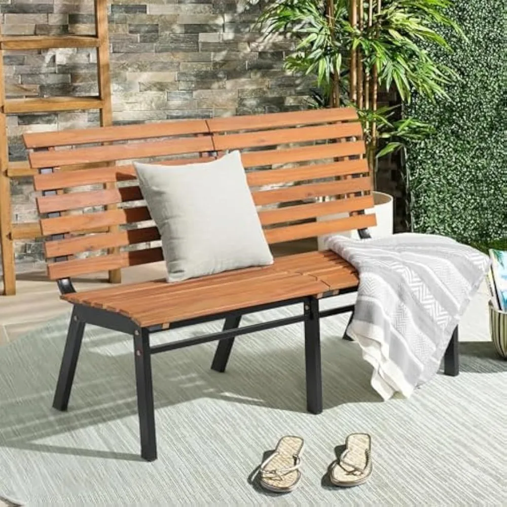 Outdoor Acacia Wood Garden Bench with Steel Legs, Patio Porch Chair Furniture, Slatted Design w/Backrest for Lawn, Balcony, Yard