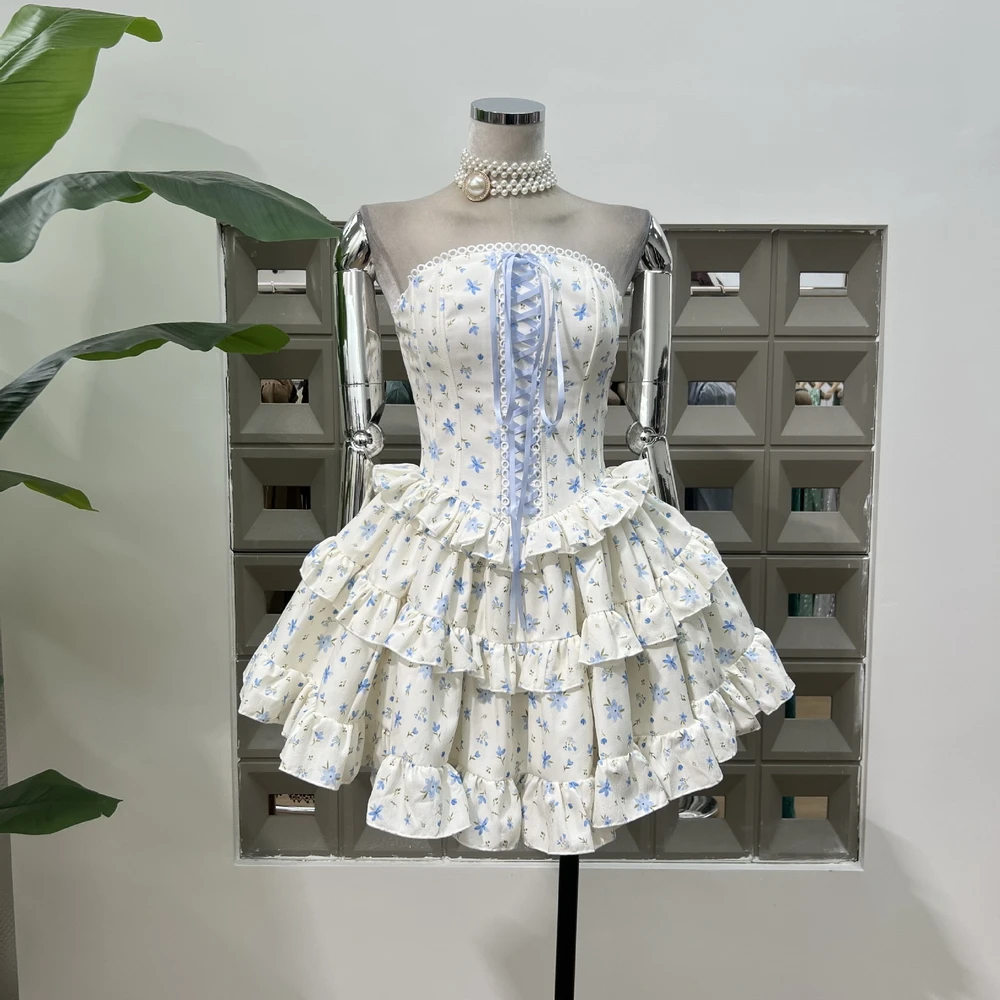 

New Popular Printed Lace Chiffon Sexy Strapless Party Mini Dress 2025 Backless Gowns Women's Birthday Sets Two Pieces Outfit