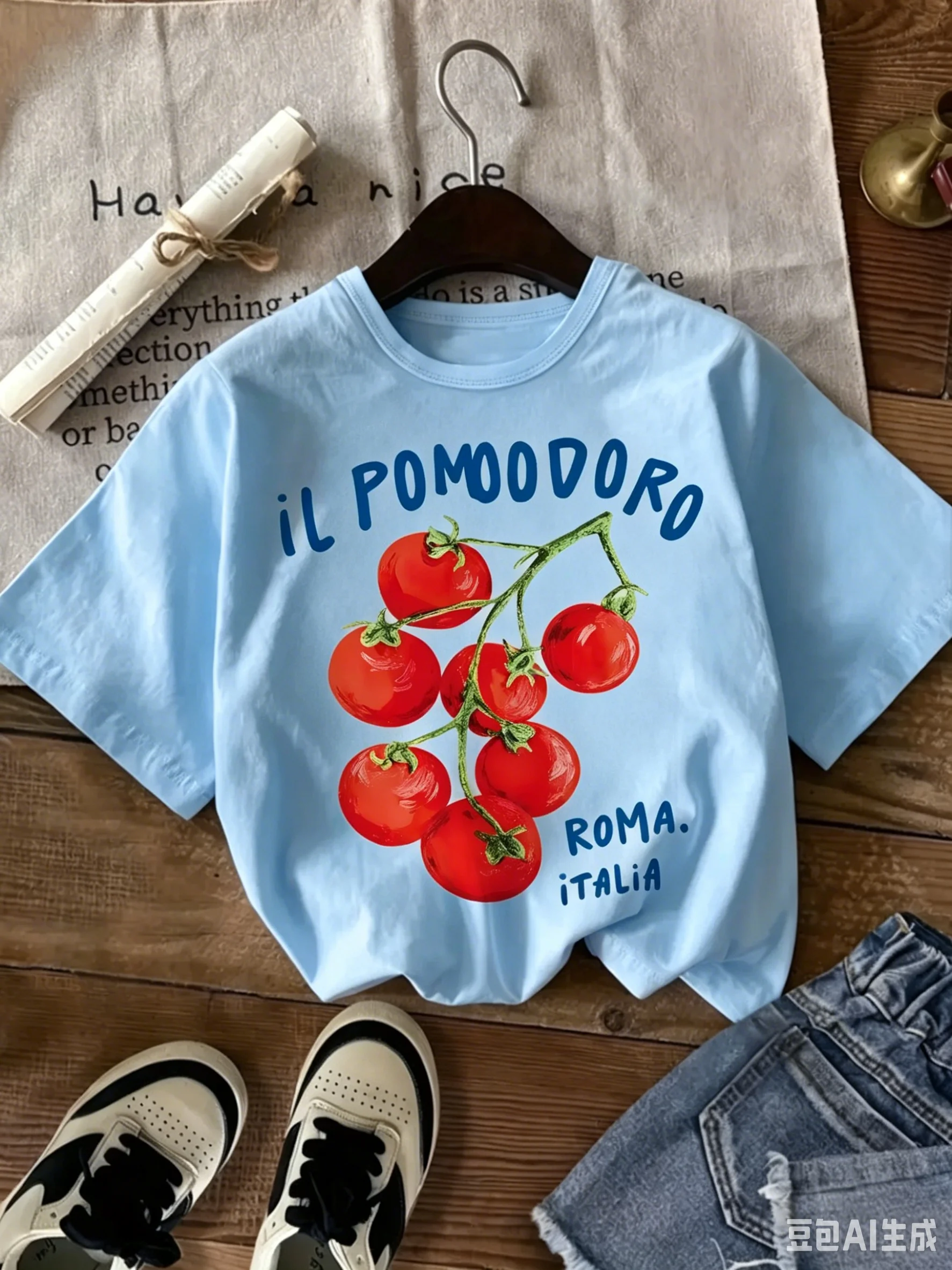 Neues Baumwoll-T-Shirt mit Tomaten-Print für Kinder, lässiger Rundhalsausschnitt, Baumwollmaterial, geeignet für den täglichen Gebrauch, Frühling, Sommer, Herbst – Detail 5