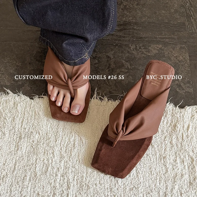 2026 new summer women sandals natural leather plus size 22-25.5cm soft heepskin split toe mules pleated high heel women slippers view 5