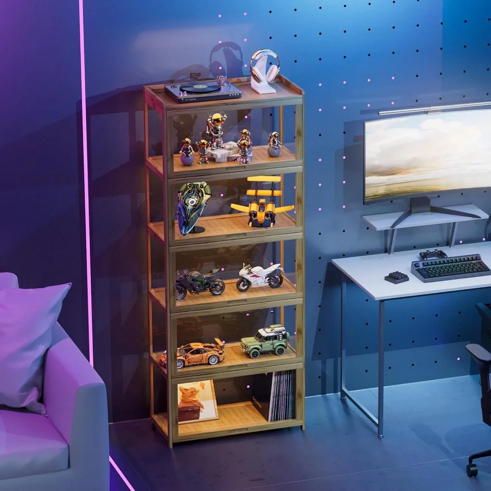 خزانة عرض Curio مقاس 67.5 بوصة مع أبواب، خزانة عرض من الخيزران مكونة من 5 طبقات ومقتنيات عرض الألعاب للعيش R